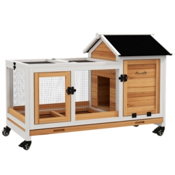 PawHut Wooden Rabbit Hutch, Guinea Pig Cage, with Removable Tray, Wheels - Yellow - thumbnail 1