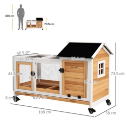 PawHut Wooden Rabbit Hutch, Guinea Pig Cage, with Removable Tray, Wheels - Yellow - thumbnail 3