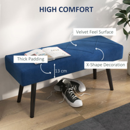 HOMCOM Upholstered Bedroom Bench with X-Shape Steel Legs, Elegant Hallway Bench for End of Bed, Blue - Aosom UK - thumbnail 4