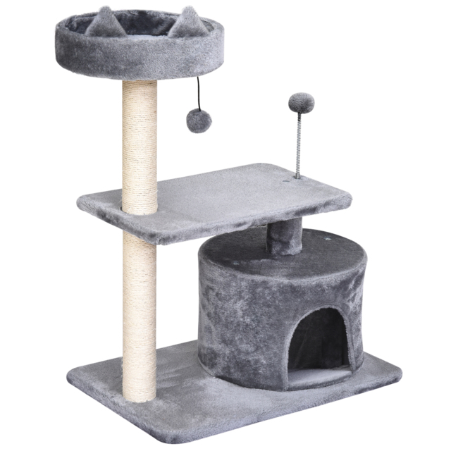 PawHut 3-Tier Cat Scratching Post with Sisal Rope & Play Toys, Durable Activity Centre for Cats, Grey - Aosom UK - image 1