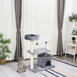 PawHut 3-Tier Cat Scratching Post with Sisal Rope & Play Toys, Durable Activity Centre for Cats, Grey - Aosom UK - thumbnail 2