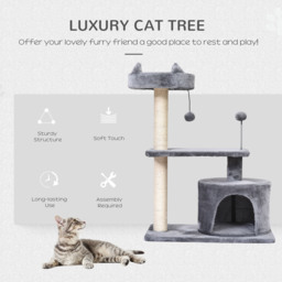 PawHut 3-Tier Cat Scratching Post with Sisal Rope & Play Toys, Durable Activity Centre for Cats, Grey - Aosom UK - thumbnail 4