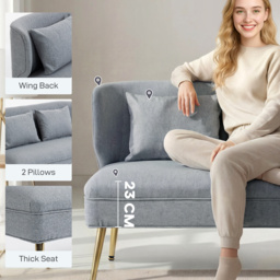 HOMCOM 2 Seater Sofa, Linen-look Fabric Small Sofa with Wing Back, Thick Seat, Metal Legs, Light Grey - thumbnail 5