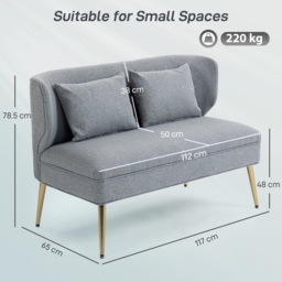 HOMCOM 2 Seater Sofa, Linen-look Fabric Small Sofa with Wing Back, Thick Seat, Metal Legs, Light Grey - thumbnail 3