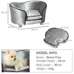 PawHut Pet Sofa with Storage Pocket, Modern Dog Bed & Cat Lounger, Removable Cushion, 69x49x38cm, Silver Grey - Aosom UK - thumbnail 3
