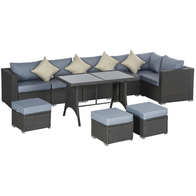 Outsunny 10PC Garden Rattan Corner Dining Sofa Set 9-seater Patio Tables Stools Outdoor Wicker Lounge Conservatory Furniture w/ Cushions & Pillow - image 1