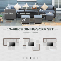 Outsunny 10PC Garden Rattan Corner Dining Sofa Set 9-seater Patio Tables Stools Outdoor Wicker Lounge Conservatory Furniture w/ Cushions & Pillow - thumbnail 5