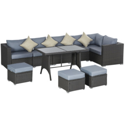 Outsunny 10PC Garden Rattan Corner Dining Sofa Set 9-seater Patio Tables Stools Outdoor Wicker Lounge Conservatory Furniture w/ Cushions & Pillow - thumbnail 1