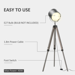 HOMCOM Tripod Floor Lamp: Industrial Vintage Spotlight with Wooden Legs for Living Room & Bedroom, E27 Base - Aosom UK - thumbnail 7