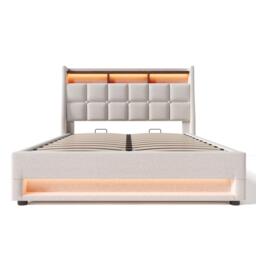Upholstered Double Bed with LED Lighting and USB‑C Charging Station, Bed Frame with Padded Headboard, 200L x 140W x 117H cm, Beige - Aosom UK - thumbnail 2