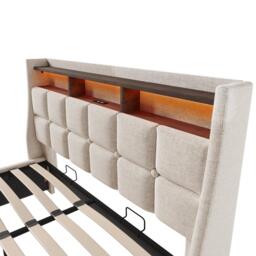 Upholstered Double Bed with LED Lighting and USB‑C Charging Station, Bed Frame with Padded Headboard, 200L x 140W x 117H cm, Beige - Aosom UK - thumbnail 9