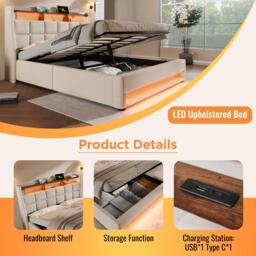 Upholstered Double Bed with LED Lighting and USB‑C Charging Station, Bed Frame with Padded Headboard, 200L x 140W x 117H cm, Beige - Aosom UK - thumbnail 4