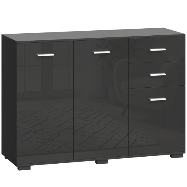 HOMCOM Sideboard, Modern Storage Cabinet with 2 Drawers, 3 Doors and Adjustable Shelves, High Gloss Black - image 1