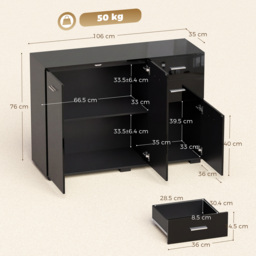HOMCOM Sideboard, Modern Storage Cabinet with 2 Drawers, 3 Doors and Adjustable Shelves, High Gloss Black - thumbnail 3
