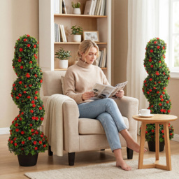HOMCOM Artificial Rose Spiral Topiary Tree Set of 2, Indoor Outdoor Fake Plants with 630 Leaves, 90cm - thumbnail 7