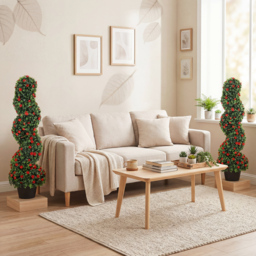 HOMCOM Artificial Rose Spiral Topiary Tree Set of 2, Indoor Outdoor Fake Plants with 630 Leaves, 90cm - thumbnail 9