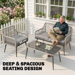 Outsunny Rattan Garden Furniture Set, 4 Piece Outdoor Patio Furniture with Tempered Glass Table and Chairs, Indoor Balcony Conservatory Set - thumbnail 4