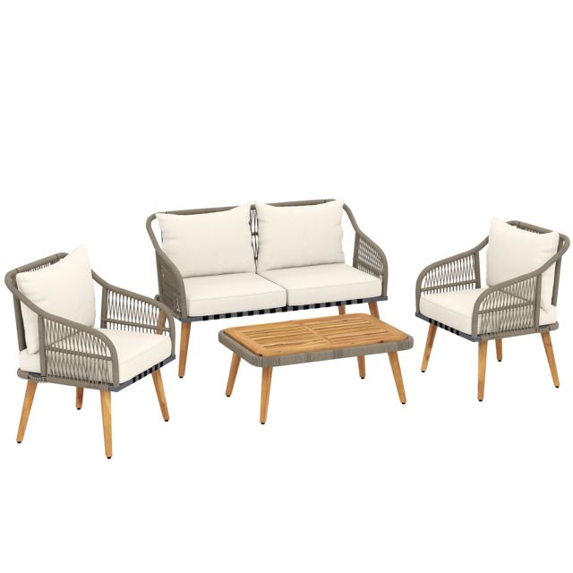 Outsunny 4 Piece Rattan Garden Furniture Set with Loveseat, Armchairs, Wood Table, Wicker Patio Conversation Set, Cream White - image 1