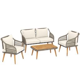 Outsunny 4 Piece Rattan Garden Furniture Set with Loveseat, Armchairs, Wood Table, Wicker Patio Conversation Set, Cream White - thumbnail 1