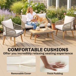 Outsunny 4 Piece Rattan Garden Furniture Set with Loveseat, Armchairs, Wood Table, Wicker Patio Conversation Set, Cream White - thumbnail 7