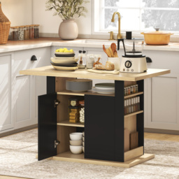 HOMCOM Kitchen Island with Spice Rack, Kitchen Storage with Large Tabletop for 4 People, Adjustable Shelves Black & Natural - thumbnail 2