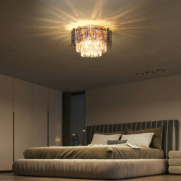 HOMCOM Chandelier Ceiling Light, 3-Light Vintage Flush Mount Fixture with Dual Crystal and Smoke Glass Shade, LED Ceiling Light for Living Room Bedroom, 3 E27 Sockets, Bulbs Not Included, Gold Tone - thumbnail 9