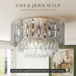 HOMCOM Chandelier Ceiling Light, 3-Light Vintage Flush Mount Fixture with Dual Crystal and Smoke Glass Shade, LED Ceiling Light for Living Room Bedroom, 3 E27 Sockets, Bulbs Not Included, Gold Tone - thumbnail 6