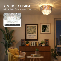 HOMCOM Chandelier Ceiling Light, 3-Light Vintage Flush Mount Fixture with Dual Crystal and Smoke Glass Shade, LED Ceiling Light for Living Room Bedroom, 3 E27 Sockets, Bulbs Not Included, Gold Tone - thumbnail 4