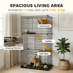 PawHut 3-Tier Large Cat Cage Indoor, Detachable Metal Wire Kennel with Hammock, Platforms, Tray and Cushions for 1-2 Kittens - thumbnail 4