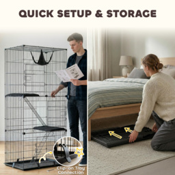 PawHut 3-Tier Large Cat Cage Indoor, Detachable Metal Wire Kennel with Hammock, Platforms, Tray and Cushions for 1-2 Kittens - thumbnail 8