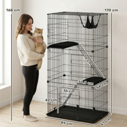 PawHut 3-Tier Large Cat Cage Indoor, Detachable Metal Wire Kennel with Hammock, Platforms, Tray and Cushions for 1-2 Kittens - thumbnail 3