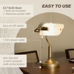 HOMCOM Banker's Desk Lamp with Antique Bronze Tone Base, Table Lamp with White Glass Shade for Home Office, White - Aosom UK - thumbnail 6