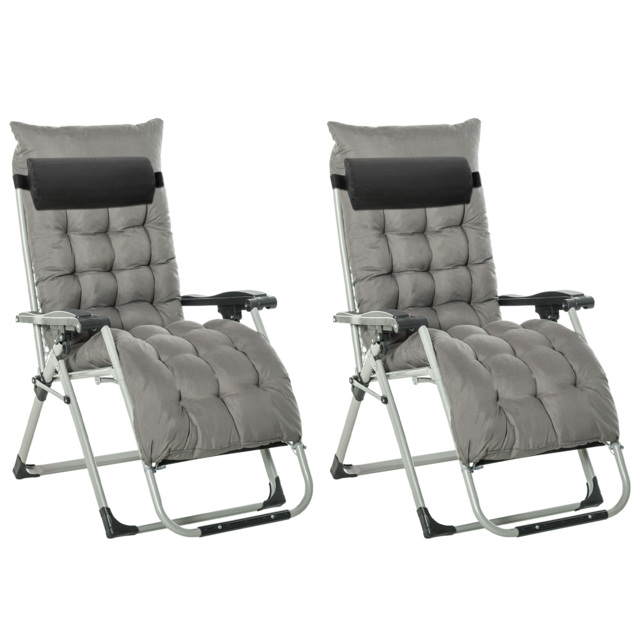 Outsunny 2 Piece Garden Sun Lounger, Anti Gravity Chair, Folding Outdoor Sun Lounger with Cushion Headrest, Dark Grey - Aosom UK - image 1