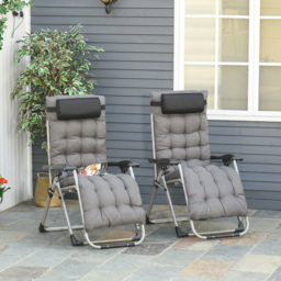 Outsunny 2 Piece Garden Sun Lounger, Anti Gravity Chair, Folding Outdoor Sun Lounger with Cushion Headrest, Dark Grey - Aosom UK - thumbnail 2
