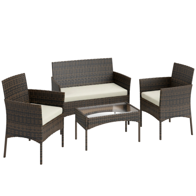 Outsunny 4 Piece Rattan Garden Furniture Sofa Set with Loveseat, Armchairs, Glass-Top Coffee Table and Cushions, Brown - image 1