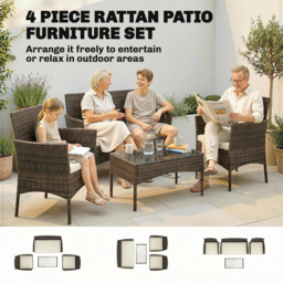 Outsunny 4 Piece Rattan Garden Furniture Sofa Set with Loveseat, Armchairs, Glass-Top Coffee Table and Cushions, Brown - thumbnail 4