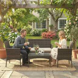 Outsunny 4 Piece Rattan Garden Furniture Sofa Set with Loveseat, Armchairs, Glass-Top Coffee Table and Cushions, Brown - thumbnail 9