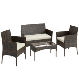 Outsunny 4 Piece Rattan Garden Furniture Sofa Set with Loveseat, Armchairs, Glass-Top Coffee Table and Cushions, Brown - thumbnail 1