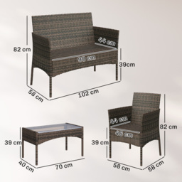 Outsunny 4 Piece Rattan Garden Furniture Sofa Set with Loveseat, Armchairs, Glass-Top Coffee Table and Cushions, Brown - thumbnail 3