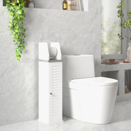 kleankin Slim Bathroom Floor Cabinet with Cupboard, Roll Holder and Adjustable Shelf, Toilet Roll Storage Unit for Toilet Paper, Shampoo, White - thumbnail 7