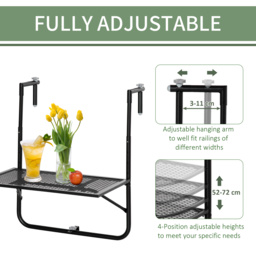 Outsunny Adjustable Folding Balcony Table, Metal Wall Mounted Desk for Patio, Garden, Deck, Black - Aosom UK - thumbnail 4