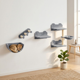 PawHut Cat Shelves Fit Cat Up to 5kg, 4-Piece Set with Scratching Post, Hammock, Nest, Safe for Cats to Play, Grey & Cream - Aosom UK - thumbnail 1