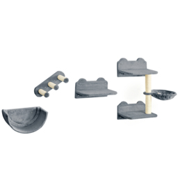 PawHut Cat Shelves Fit Cat Up to 5kg, 4-Piece Set with Scratching Post, Hammock, Nest, Safe for Cats to Play, Grey & Cream - Aosom UK - thumbnail 1