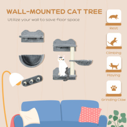 PawHut Cat Shelves Fit Cat Up to 5kg, 4-Piece Set with Scratching Post, Hammock, Nest, Safe for Cats to Play, Grey & Cream - Aosom UK - thumbnail 4