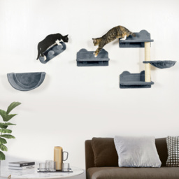 PawHut Cat Shelves Fit Cat Up to 5kg, 4-Piece Set with Scratching Post, Hammock, Nest, Safe for Cats to Play, Grey & Cream - Aosom UK - thumbnail 2