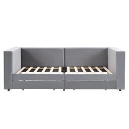 3FT Upholstered Single Bed with 2 Drawers, Side Compartments, Easy Assembly, Daybed Sofa Bed with Storage, 223.5L x 101W x 74.5H cm, Grey - Aosom.UK - thumbnail 2