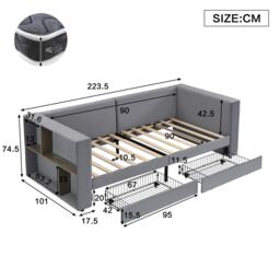 3FT Upholstered Single Bed with 2 Drawers, Side Compartments, Easy Assembly, Daybed Sofa Bed with Storage, 223.5L x 101W x 74.5H cm, Grey - Aosom.UK - thumbnail 3