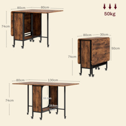 HOMCOM Mobile Drop Leaf Table Folding Kitchen Table Extendable Dining Table For Small Spaces With 6 Wheels & Storage Shelf Rustic Brown - Aosom UK - thumbnail 3