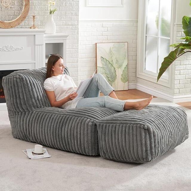 Modular Bean Bag Sofa with Ottoman and Removable Machine-Washable Cover, Couch with High-Density Foam, 160L x 80W x 66H cm, Light Gray - Aosom UK - image 1