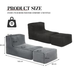 Modular Bean Bag Sofa with Ottoman and Removable Machine-Washable Cover, Couch with High-Density Foam, 160L x 80W x 66H cm, Light Gray - Aosom UK - thumbnail 3